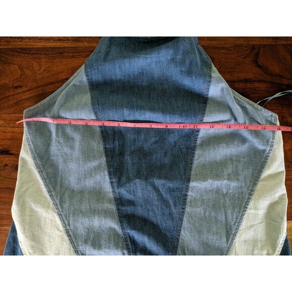 Free People Rising Sun Denim Mini Dress Halter 70s Open Back Hippie Festival Lrg - Picture 14 of 16